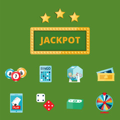 Casino game poker gambler symbols blackjack cards money winning roulette joker vector illustration.