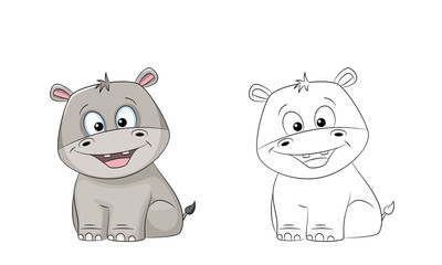 Illustration of a cute hippo, painted and contour