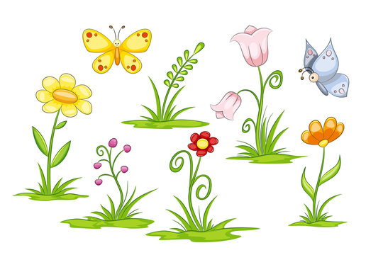 Set of different flowers and butterflies
