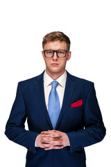 Business Man, angry face in blue suit isolated over white background