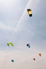 Colorful kites fly in the cloudy sky. Kitesurfing.
