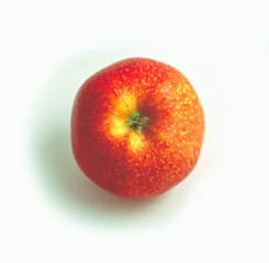 Photo depicting natural beautiful delicious single fresh red apple. Apple isolated on a white background. Close up, macro view.
