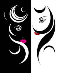Long hair style icon, logo women face on white and black background.