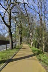 Piste cyclable toute neuve le long d'une voie de circulation à trois bandes et le mur d'enceinte du Domaine Royal de Laeken au nord de Bruxelles Capitale