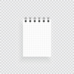 Notepad in a cell on a spiral on a transparent background. A realistic notebook for notes and sketches. Vector illustration.