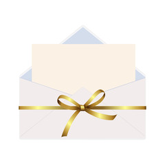 Envelope with Clean Card and Golden Bow Ribbon. Vector  illustration isolated on white background.