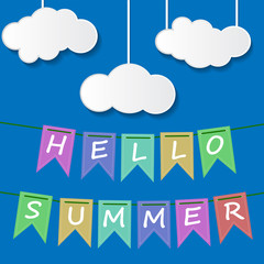 Vector illustration. Summer vacation. Bright, colorful flags on the ropes on blue background with old clouds and the inscription Hello Summer