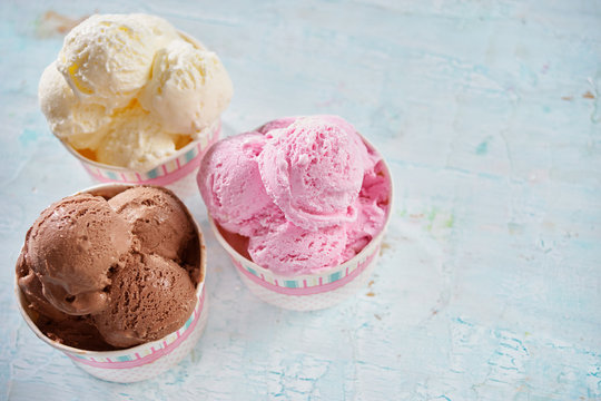 Chocolate, vanilla and strawberry ice cream.