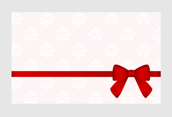 Gift Card With Red Ribbon And A Bow on pink background.  Gift Voucher Template.  Vector image.