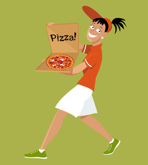 Delivery girl with a pizza in a box, EPS 8 vector illustration, no transparencies