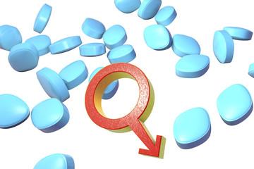 Impotence treatment concept. 3D illustration showing male symbol and impotence pills