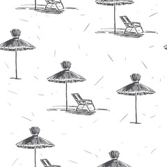 Materiał do szycia Vector seamless pattern with beach umbrellas. Vintage hand drawn illustration of straw sunshades on sea coast. Summer vacation texture in sketch style
