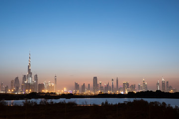 Dubai Downtown skyline at sunset.