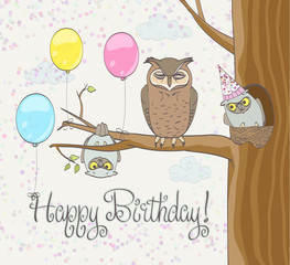 Happy birthday greeting card with funny owls family, balloons