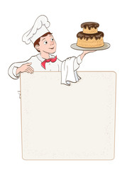 young man chef with cake and menu place on white. vector
