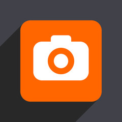 Photo camera orange flat design web icon isolated on gray background