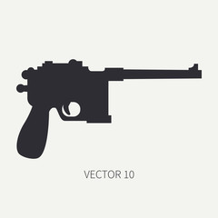 Silhouette. Line flat vector military icon handgun, pistol. Army equipment and armament. Legendary retro weapon. Cartoon. Assault. Soldiers. War. Illustration and element for your design and wallpaper