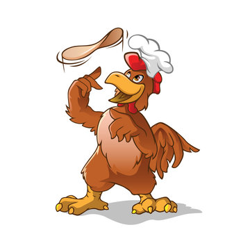 Chicken chef cartoon character trowing a dough pizza to the air. Chicken Cartoon Vector Illustration for your business mascot, cartoon logo.