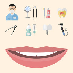 Flat health care dentist medical tools medicine instrument hygiene stomatology vector illustration.