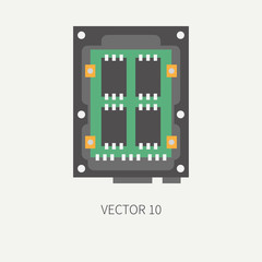 Plain flat color vector computer part icon data storage ssd. Cartoon. Digital gaming and business office pc desktop device. Innovation gadget. Chip. Illustration and element for your design, wallpaper