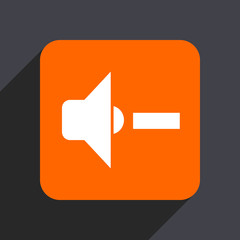Speaker volume orange flat design web icon isolated on gray background