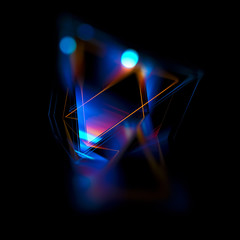 3d abstract background with geometric. Concept new technology and dynamic motion. Digital data visualization. 
Diamond prism. Polygonal crystals. Bright figure in starry cosmos. Glowing triangles 
