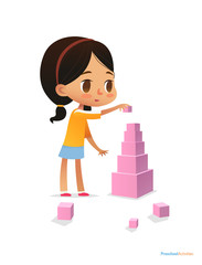 Obraz na płótnie Canvas Girl with dark hair stands and builds tall pyramid using pink cubes. Child plays with bright colored blocks. Entertainment at kindergarten concept. Vector illustration for poster, banner, website.