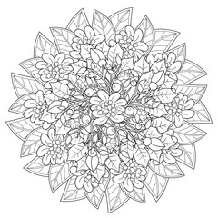 Black and white floral pattern for coloring book in doodle style. Vector elements for design. Good for art therapy, zentangle-style meditation and design of wrapping and textile.