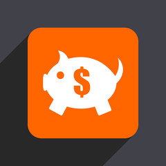 Piggy bank orange flat design web icon isolated on gray background