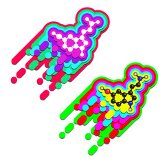 Serotonin happiness hormone molecule in colorful, vivid, psychedelic colors. Vector illustration of serotonin stylized chemical formula isolated on white. Poster, print, sign or icon template.