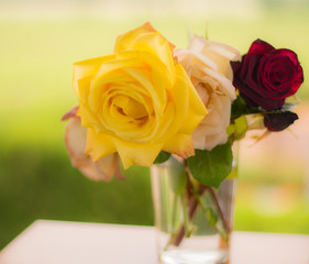 Closeup of a bouquet of roses in a country style setting