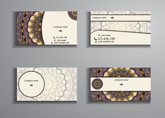 visiting card and business card big set. Floral mandala pattern and ornaments. Oriental design Layout, ottoman motifs. Front page and back page.