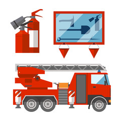Fire safety equipment emergency tools firefighter safe danger accident flame protection vector illustration.
