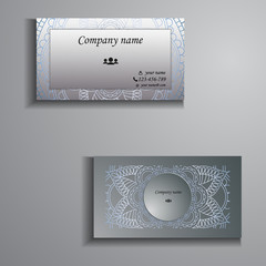 Naklejka premium visiting card and business card big set. Floral mandala pattern and ornaments. Oriental design Layout, ottoman motifs. Front page and back page.