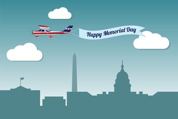 Plane with banner Happy memorial day over the Washington DC. Vector illustration