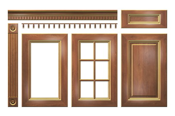 Wooden with gold door, drawer, column, cornice for kitchen cabinet isolated on white © UltimaSperanza