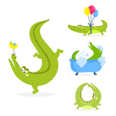 Cartoon green crocodile funny predator australian wildlife river reptile alligator flat vector illustration.