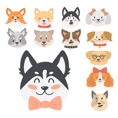 Funny cartoon dog character heads bread cartoon puppy friendly adorable canine vector illustration.