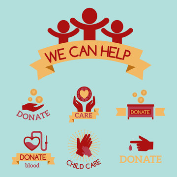 Donation And Volunteer Work Icons. Symbols Or Logo Of Human Care,  Assistance For Health, Help And Hope Sign, Medical Charity And Blood  Giving. Flat Design Elements In Red Color. Royalty Free SVG