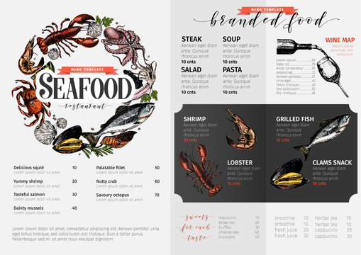Vector hand drawn seafood menu template. colored Lobster, salmon, crab, shrimp, octopus, squid, clams.Engraved art.