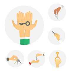 Obraz premium Hands holding key apartment selling human gesture sign security house concept vector illustration.