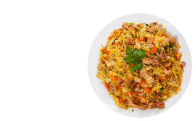 stew cabbage with meat. top view. isolated on white