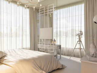 3d illustration of an interior design of a bedroom in Scandinavian style. Visualization of a bedroom without textures and materials in gray tones. White room render 
