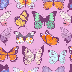 Colorful different summer butterfly wings seamless pattern vector illustration background.