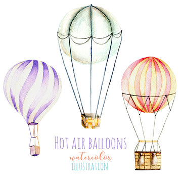 Illustration with watercolor hot air balloons, hand drawn isolated on a white background