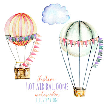 Illustration with watercolor hot air balloons with flags, hand drawn isolated on a white background, carousels
