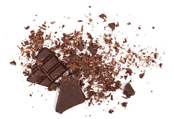 Pile chopped, milled chocolate isolated on white, top view