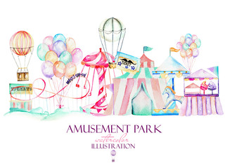 Illustration with watercolor elements of amusement park, hand drawn isolated on a white background, decor print, can be used for the logo, symbol, mark