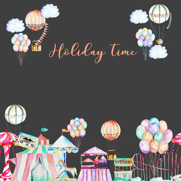 Card template with watercolor elements of amusement park, hand drawn isolated on a dark background, carousels, aerostats, air balloons and other