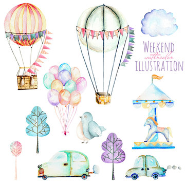 Illustration set with watercolor elements of weekend time and amusement park, hand drawn isolated on a white background, carousels, aerostats, air balloons and other